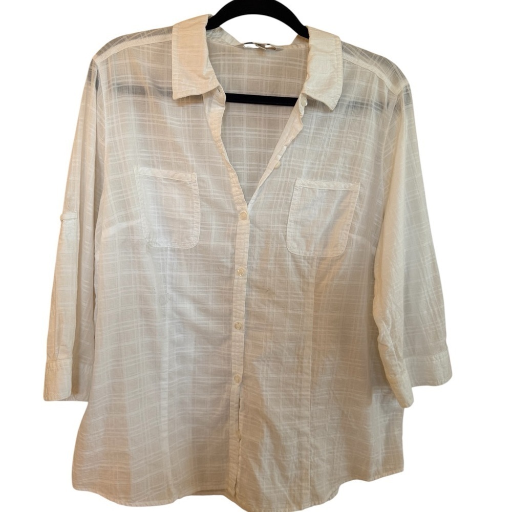 Croft & Barrow White Plaid Button-Up Shirt 3/4 Sleeve XL